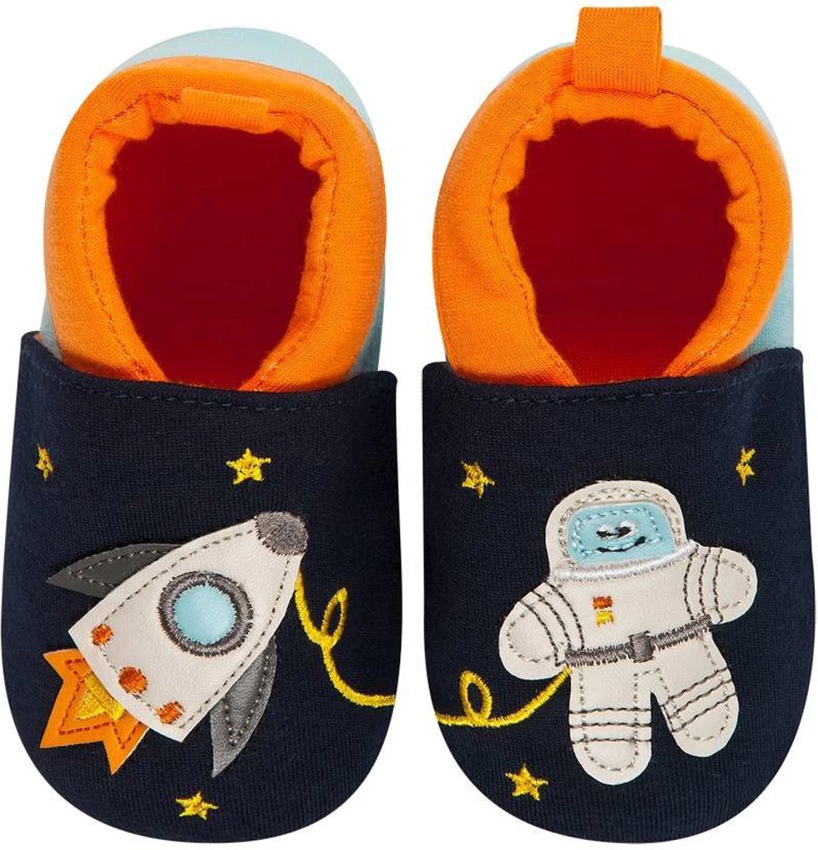 Soxo Babyslofjes Ruimtevaart Marineblauw met Oranje Accenten Katoenen Babyslofjes voor Jongens Babyschoentjes uniseks Antislip babyslofjes Comfortabele baby slofjes Thema babyslofjes