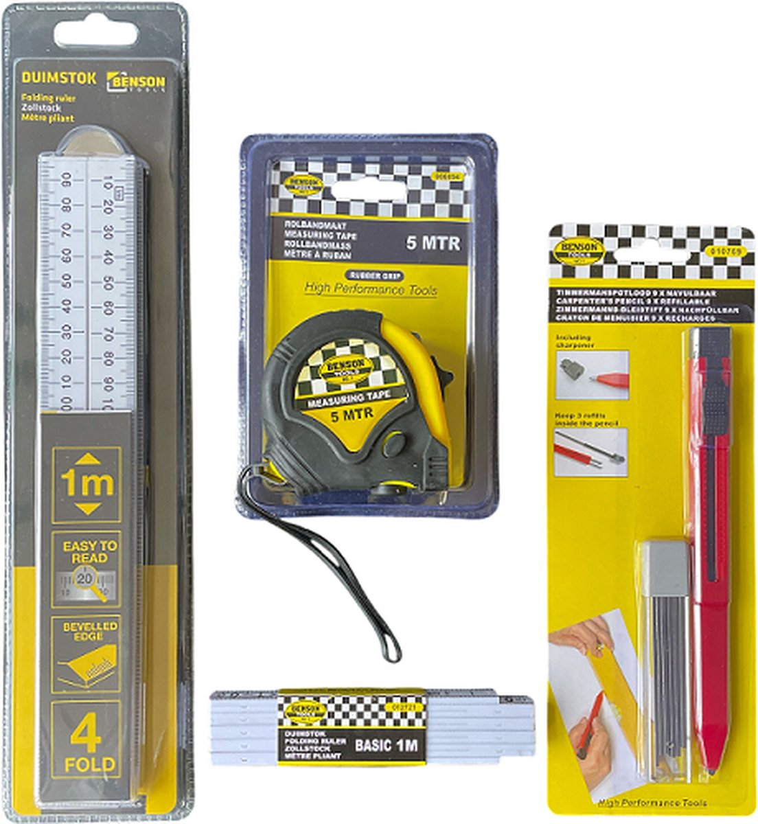 Benson - meetlint set 4-delig - rolmaat - duimstok - timmermanspotlood navulbaar