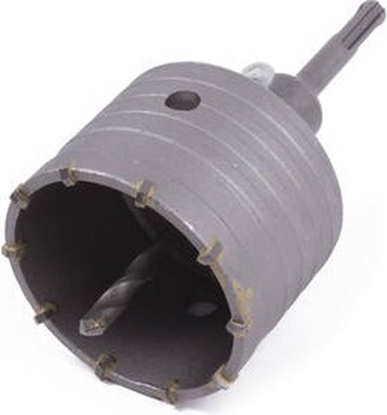Grijze metalen gatenzaag van 80 mm met een SDS+ aansluiting en een boor.
