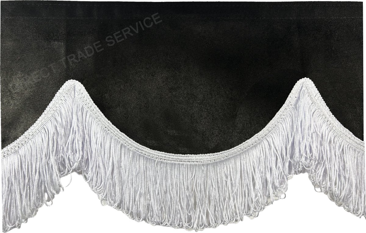 Raamband Luxe Hoog zwart met witte franjes 230x18 cm, aan 2 zijden gestoffeerd incl velcro voor vrachtwagen, caravan, boot, truck, enz