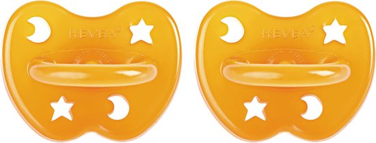 Twee oranje Hevea fopspeentjes met ster- en maansikkelvormige perforaties.