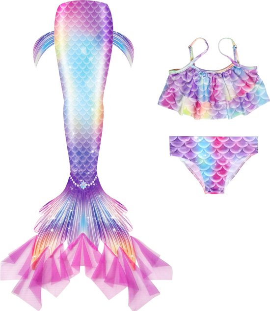 Joya Kids® Zeemeerminstaart met bikini verkleed set Blauw, Paars en Roze | Staart met bijpassende bikini | Mermaid Staart | Prinsessen jurk | Zeemeermin Verkleedkleding meisje | Maat 120