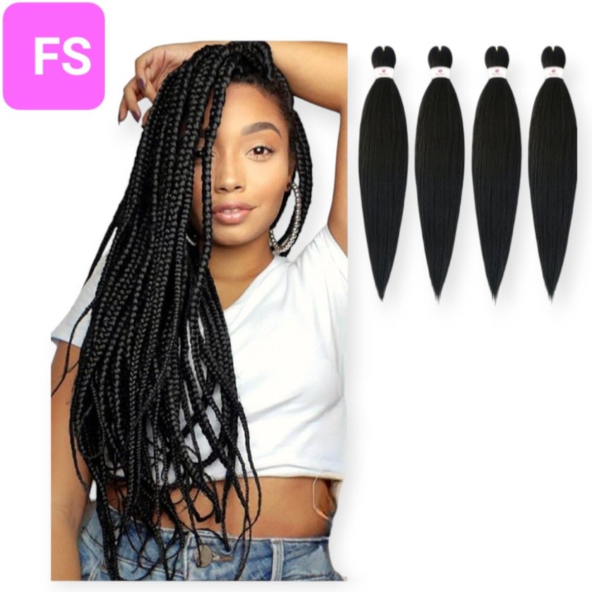 Frazimashop- Waterfall braid (Waterval extension) - 4 stuks -Professionele Pre-Stretched Braiding Hair – 26inch 65 cm – kleur zwart 1# – Extensions voor crochet en vlechten – Stijl Haar om te Vlechten