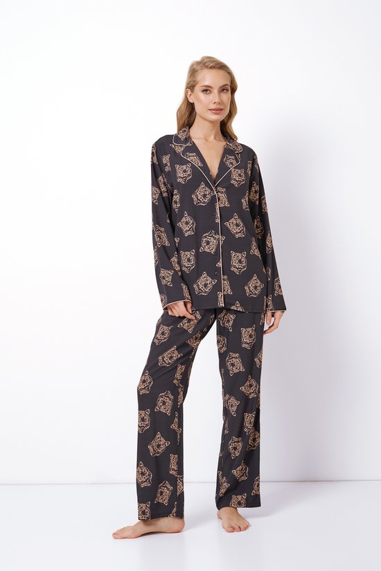 Dames pyjama set Taya-tijgerprint-oversized top met lange mouwen-losse broek-zwart-maat XXL