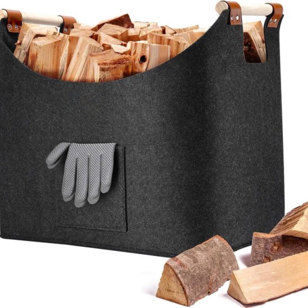 Brandhoutmand, opvouwbare houten mand voor haardhout, groot, vilten tas van extra dik vilt, vilten mand voor brandhout, haardhouttas als boodschappenmand, boodschappentas, 45 x 32 x 40 cm, grijs