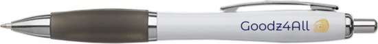 Witte pen met grijze grip en de tekst "Goodz4All" en een geel logo.