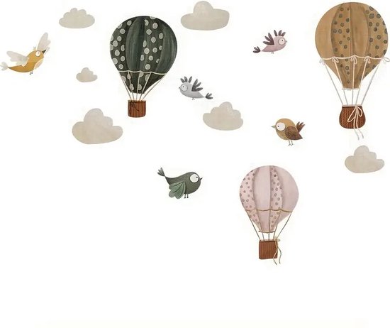 Muurstickers van schilderachtige luchtballonnen in groen, bruin en roze met stippen, omringd door schattige vogels en wolken.
