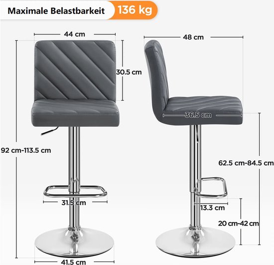 Draaibare barkrukken set van 4, barstoel met rugleuning, 65