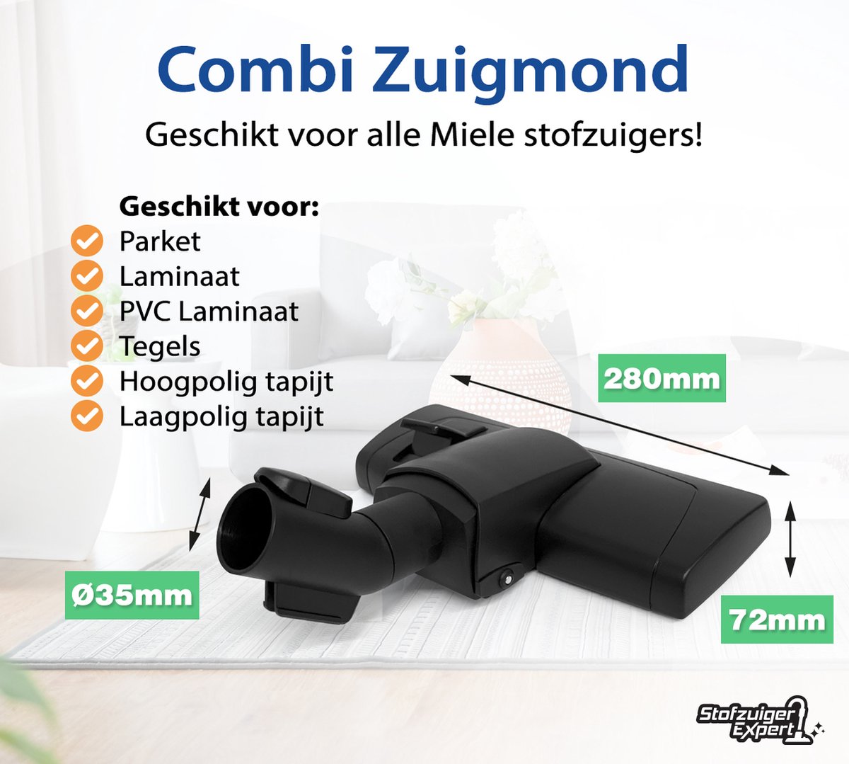Combi Stofzuigermond geschikt voor Miele + Klik - A-Kwaliteit Miele Zuigmond - Als Origineel: Miele Borstel (Miele AllTeQ vervangende Mondstuk) geschikt voor Alle Miele stofzuigers CX1, C3, C2, C1, S8, S6, S5, S4, S2, S8000, S6000, S5000, S4000 etc. — afbeelding 2