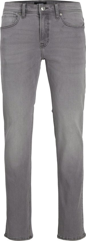 Voorkant van een grijze, slim fit spijkerbroek met merklabel 'JJ REBEL'.