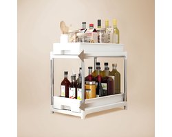 Keukenkast Organizer met Uitschuifbare Lades – Tweelaags Keukenrek – Wit – Gootsteenkast of Badkamer Organizer – Ruimtebesparend – Metaal & Kunststof