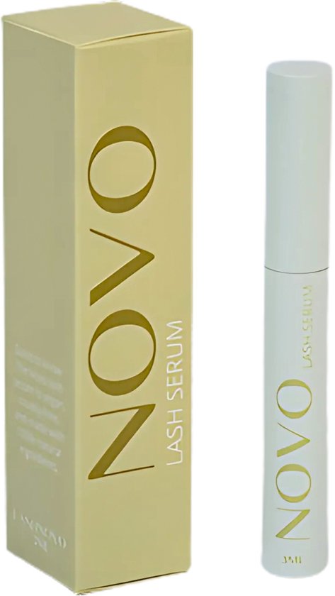 Gouden doosje en lash serum flesje met opschrift "NOVO LASH SERUM".
