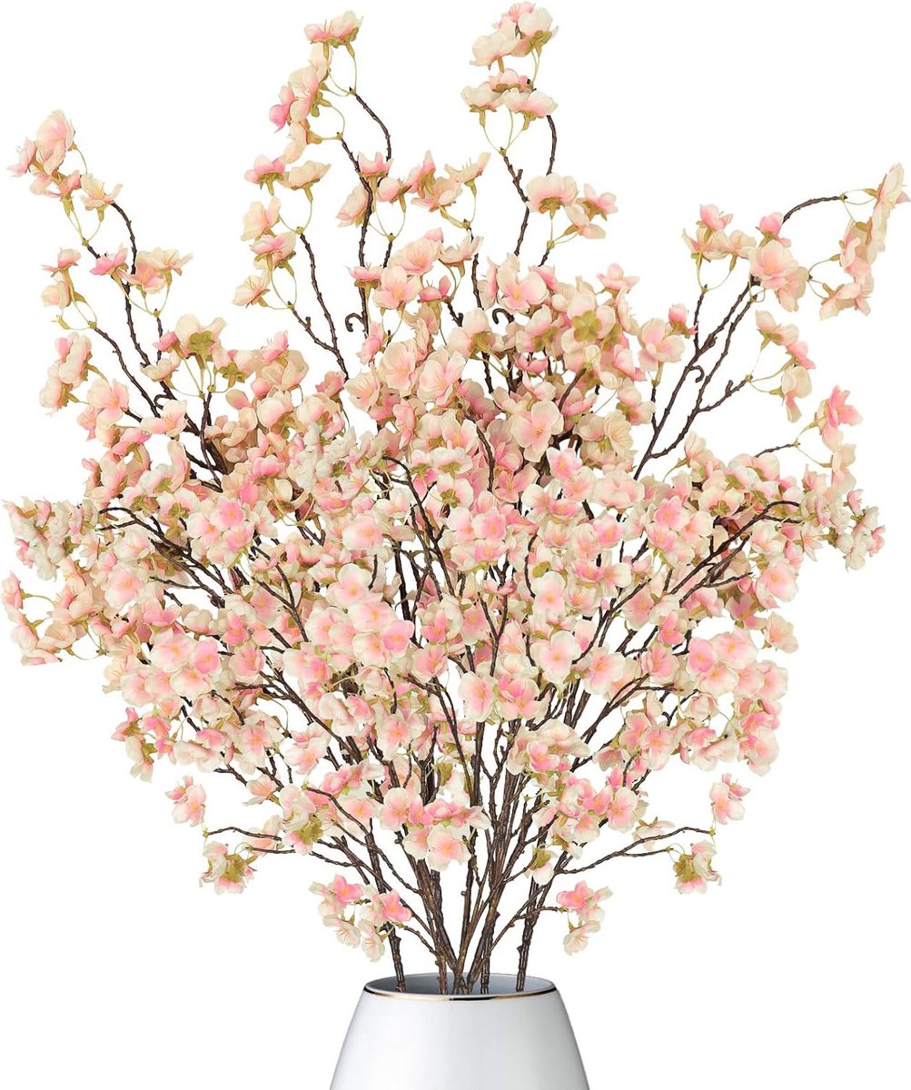oCreon Kunstkersenbloesem - 4 Takken van 100 cm met Witte Perzikbloemen voor Bruiloft & Tafeldecoratie