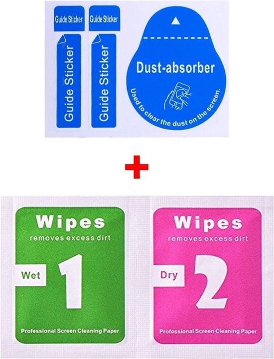 Twee blauwe 'Guide Sticker'-stickers, een blauwe stofverwijderaar sticker en twee doekjes: 'Wipes' (nat) en 'Wipes' (droog).