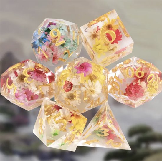 Ensemble de dés Joya Kids® Dungeons and Dragons | Set de Dés DnD Polydice | Ensemble de dés D&D | Ensemble de 7 pièces en résine | Coffre de rangement de Luxe inclus | Transparent avec des Fleurs colorées