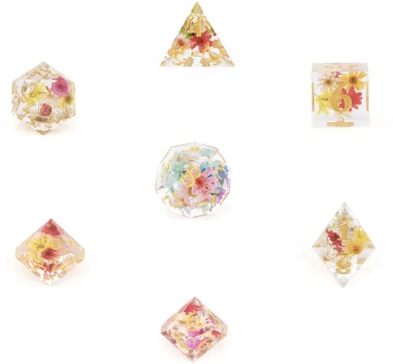 Ensemble de dés Joya Kids® Dungeons and Dragons | Set de Dés DnD Polydice | Ensemble de dés D&D | Ensemble de 7 pièces en résine | Coffre de rangement de Luxe inclus | Transparent avec des Fleurs colorées