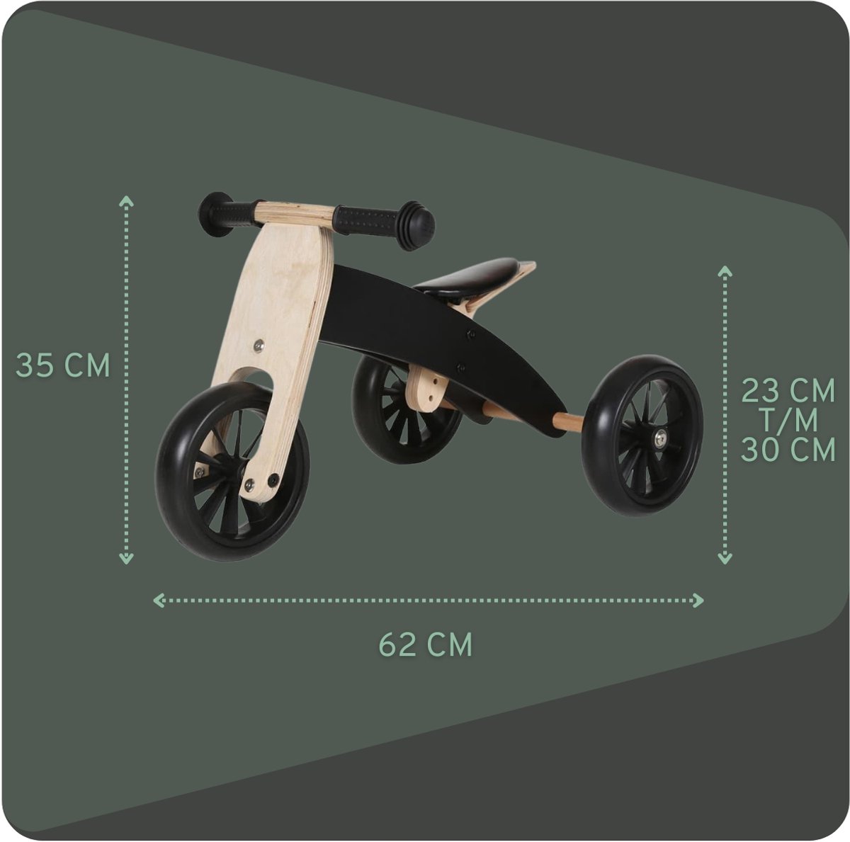 Bandits & Angels Smart Bike Loopfiets Hout 4-in-1 Zwart vanaf 1 jaar - Voor Jongens en Meisjes - Houten Loop Fiets - Omkeerbaar in Driewieler en Tweewieler - Verstelbaar Zadel — afbeelding 9