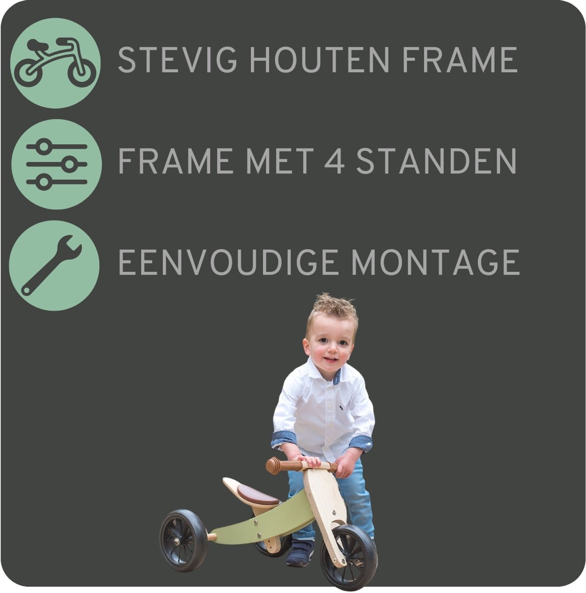 Bandits & Angels Smart Bike Loopfiets Hout 4-in-1 Retro Groen vanaf 1 jaar - Voor Jongens en Meisjes - Houten Loop Fiets - Omkeerbaar in Driewieler en Tweewieler - Verstelbaar Zadel — afbeelding 8