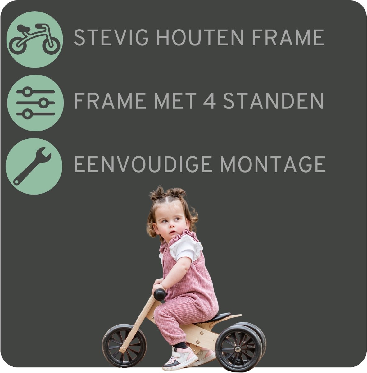 Bandits & Angels Smart Bike Loopfiets Hout 4-in-1 vanaf 1 jaar - Voor Jongens en Meisjes - Houten Loop Fiets - Omkeerbaar in Driewieler en Tweewieler - Verstelbaar Zadel — afbeelding 9