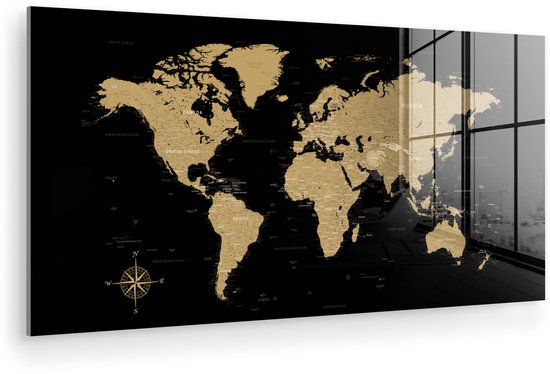 MuchoWow® Glasschilderij 160x80 cm - Schilderij acrylglas - Wereldkaart - Beige - Zwart - Foto op glas - Muurdecoratie woonkamer - Wanddecoratie slaapkamer - Schilderijen