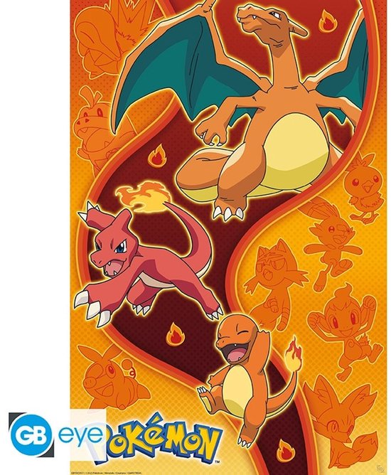 Affiche avec les Pokémon Salamèche, Reptincel et Dracaufeu sur fond orange avec des flammes.