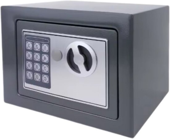 Grijze kluis met digitaal toetsenbord en sleutelgat, geïsoleerd op witte achtergrond.