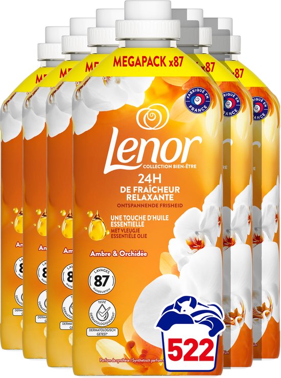 Megapack x87 Adoucissant Lenor Ambre & Orchidée. Bouteille orange avec orchidées blanches et détails dorés. 87 lavages.