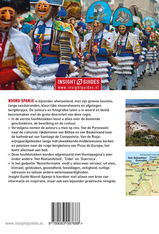 Mensen in kleurrijke carnavalskostuums met maskers, een kaart van Noord-Spanje met steden.