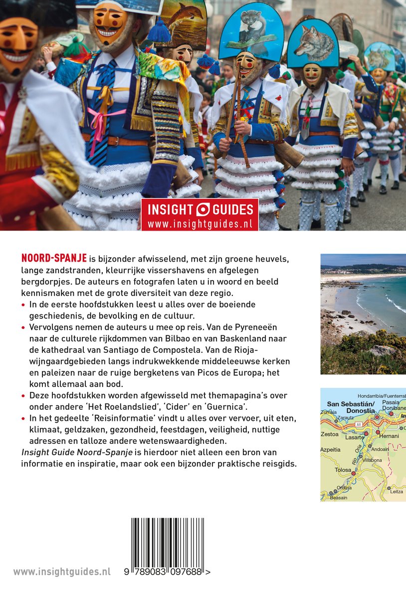 Mensen in kleurrijke carnavalskostuums met maskers, een kaart van Noord-Spanje met steden.