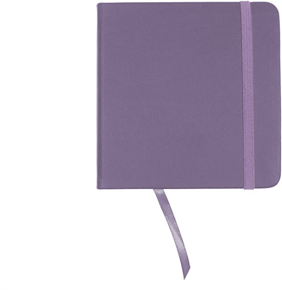 Paars schetsboek, gesloten, met een elastische band en een lint.
