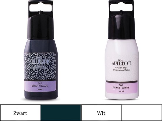 Artdeco Dimensional Paint, Relief Paint, Dimensional Fabric Paint, 3D Liner - 3D Verf - 3D Paint, Textuurschilderen, Reliëf Schilderen, Metallic Kleuren - Stof, Glas, Keramiek, Karton, Metaal, Papier, Steen - 50 ml Wit +50 ml Zwart