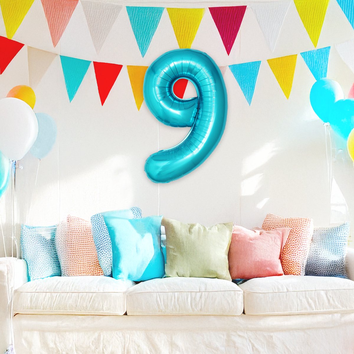 Folie Ballon Cijfer 9 Jaar Cijferballon Feest Versiering Folieballon Verjaardag Versiering Blauw XL 86Cm Met Rietje — afbeelding 4