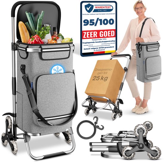 ELONEO Boodschappentrolley 6 Wielen – Opvouwbaar Boodschappenwagentje met Koelvak & 43L Tas - Zilver