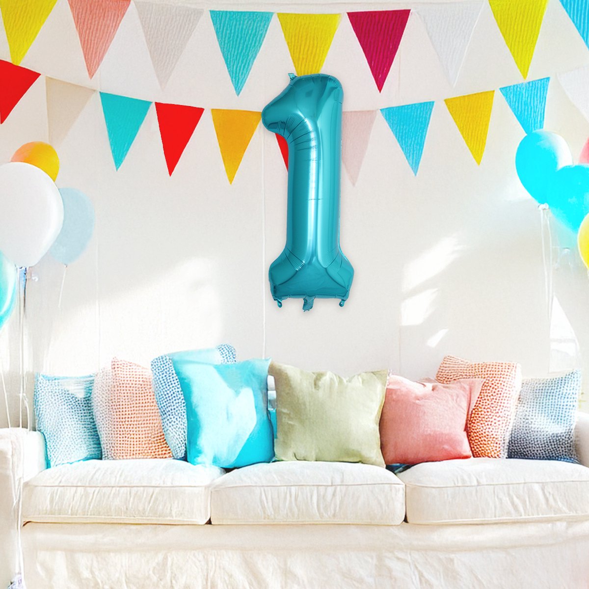 Folie Ballon Cijfer 1 Jaar Cijferballon Feest Versiering Folieballon Verjaardag Versiering Blauw XL 86Cm Met Rietje — afbeelding 4