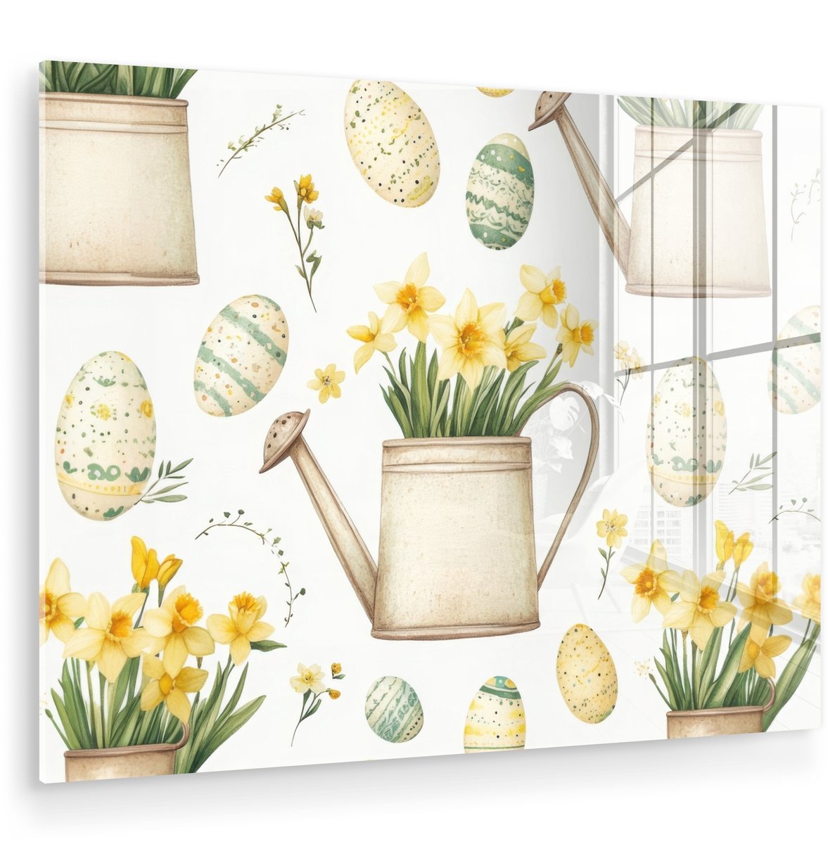 MuchoWow® Glasschilderij 40x30 cm - Schilderij acrylglas - Gieter - Bloemen - Eieren - Fot