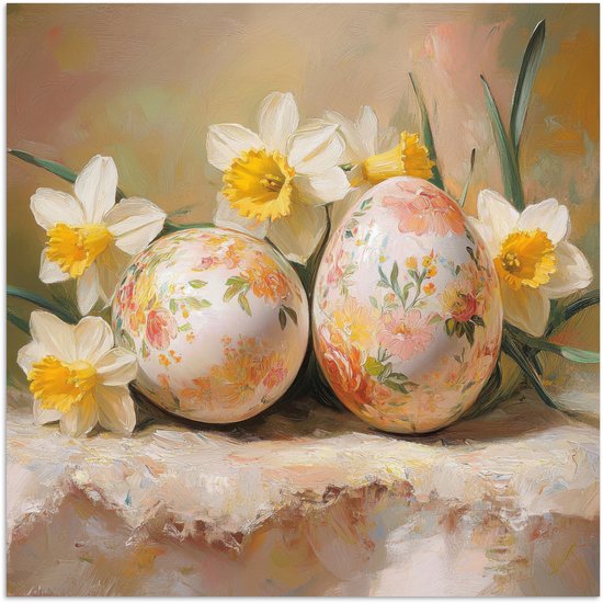 Poster 50x50 cm - Bloemen - Eieren - Geschilderd - Posters - Kamer decoratie - Wanddecoratie woonkamer - Muurdecoratie slaapkamer
