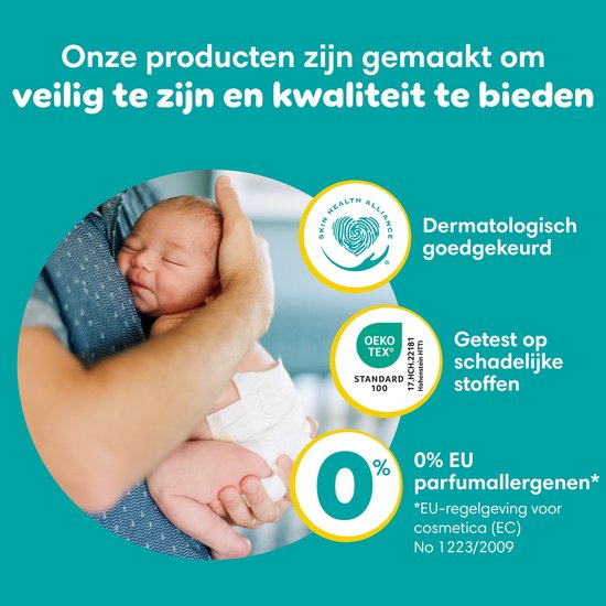 Baby met Pampers luier. Dermatologisch goedgekeurd en getest op schadelijke stoffen. 0% EU parfumallergenen.