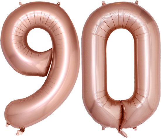 Rose gouden folieballonnen in de vorm van de cijfers 9 en 0, 86 cm hoog.