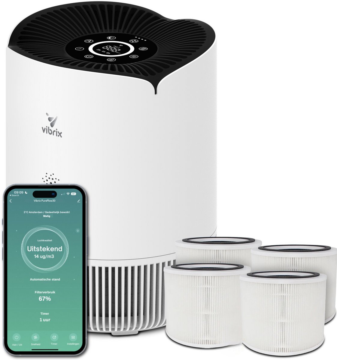Vibrix PureFlow30 luchtreiniger + 3 extra filters - Tot wel 50 m² - Automatische stand + 6-in-1 filtersysteem - Luchtkwaliteitsindicator - Ionisator - Luchtfilter - Air purifier met HEPA-filter