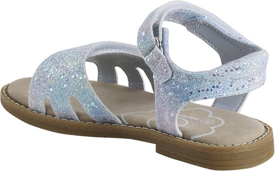 Achterkant van een witte sandaal met glitter, klittenbandsluiting en open teen. Merk: Vertbaudet.