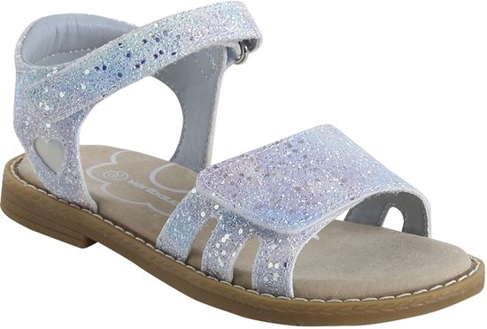 Witte kindersandaal met glitter en klittenband. Een hartje op de enkelband. Merk: Vertbaudet.