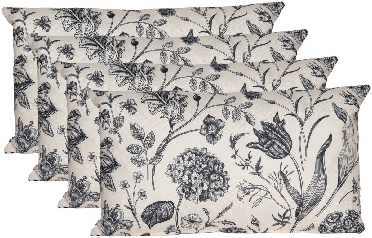 Anna's Collection Sierkussen voor binnen en buiten - 4x - vintage flowers - creme wit - 30 x 50 cm - tuinkussen