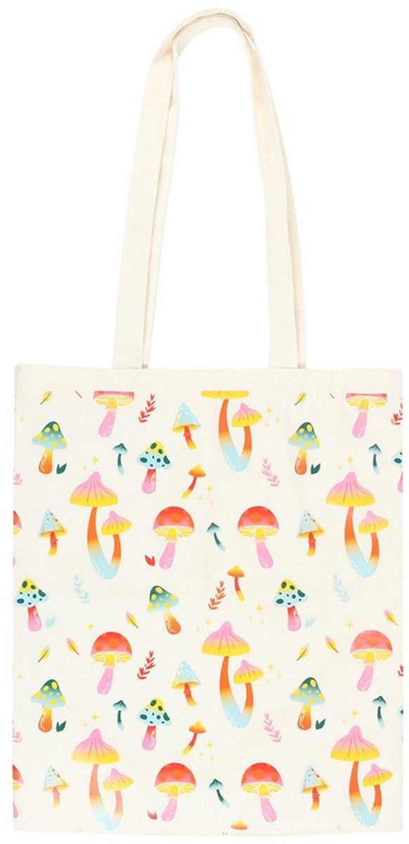 Cottagecore 'Funky Fungi' Mushroom Print Polycotton Tote Bag - Ecru Draagtas met Kleurrijke Paddenstoelen Print - 68 cm
