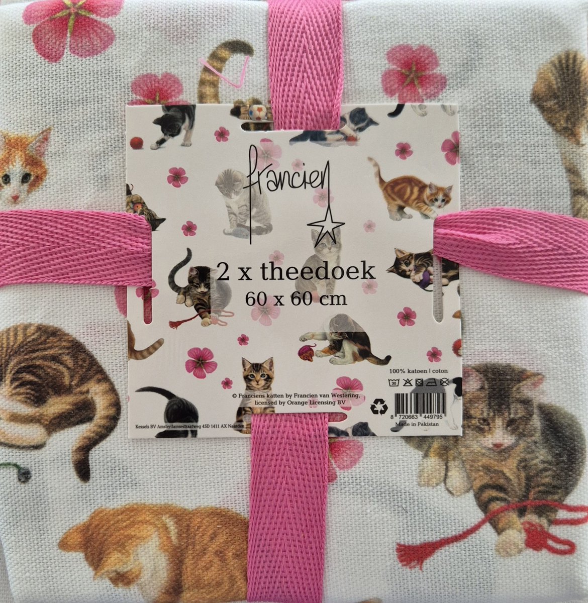 Theedoek Francien - Franciens katten - 60 x 60 cm 2 stuks - katten theedoeken met roze bloemen - Francien poezen