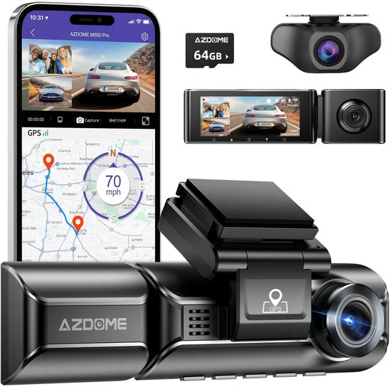 AZDome M770 Pro 3CH 4K Wifi Gps dashcam voor auto met interieur camera - 4K + 2x Full HD resolutie - Night vision - Parkeerbeveiliging - 64gb Micro SD kaart - 3,0 inch LCD scherm - 170 + 140 + 140 graden kijkhoek - Nachtzicht - 2025 model