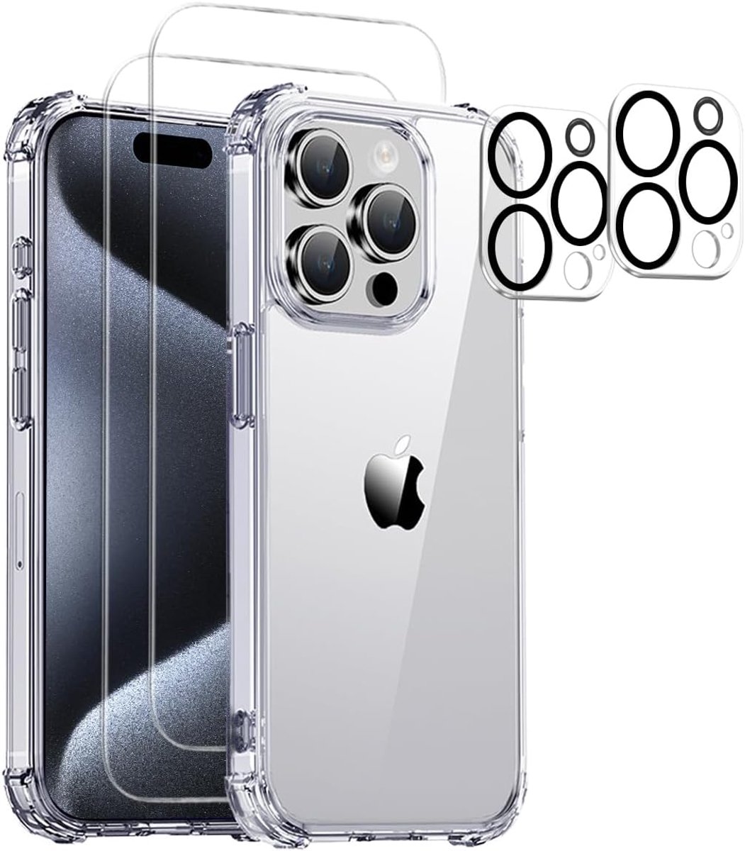 Militaire KKG schokbestendige hoesje met 2 Gehard Glazen Schermbeschermers en 1 cameralensbeschermer - Anti-schok hoesje Geschikt voor: iPhone 15 Pro - transparant