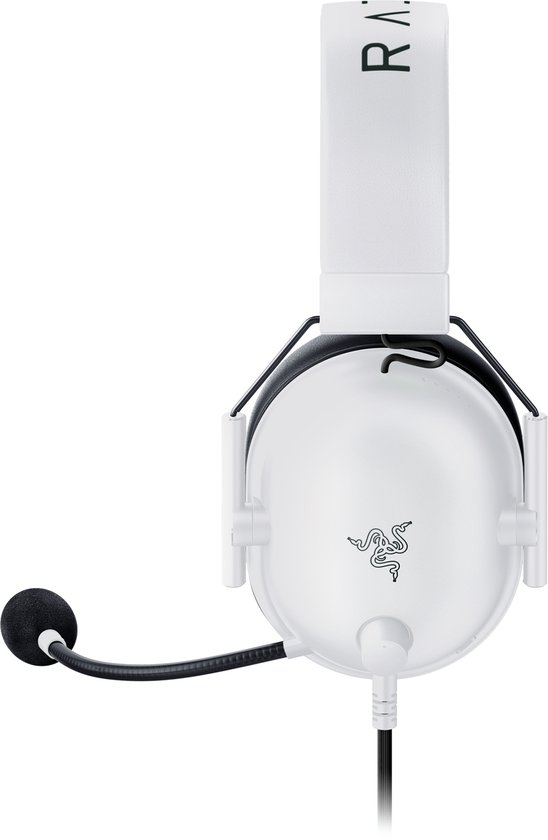 Witte gaming headset met zwarte oorkussens, gezien vanuit de voorkant.