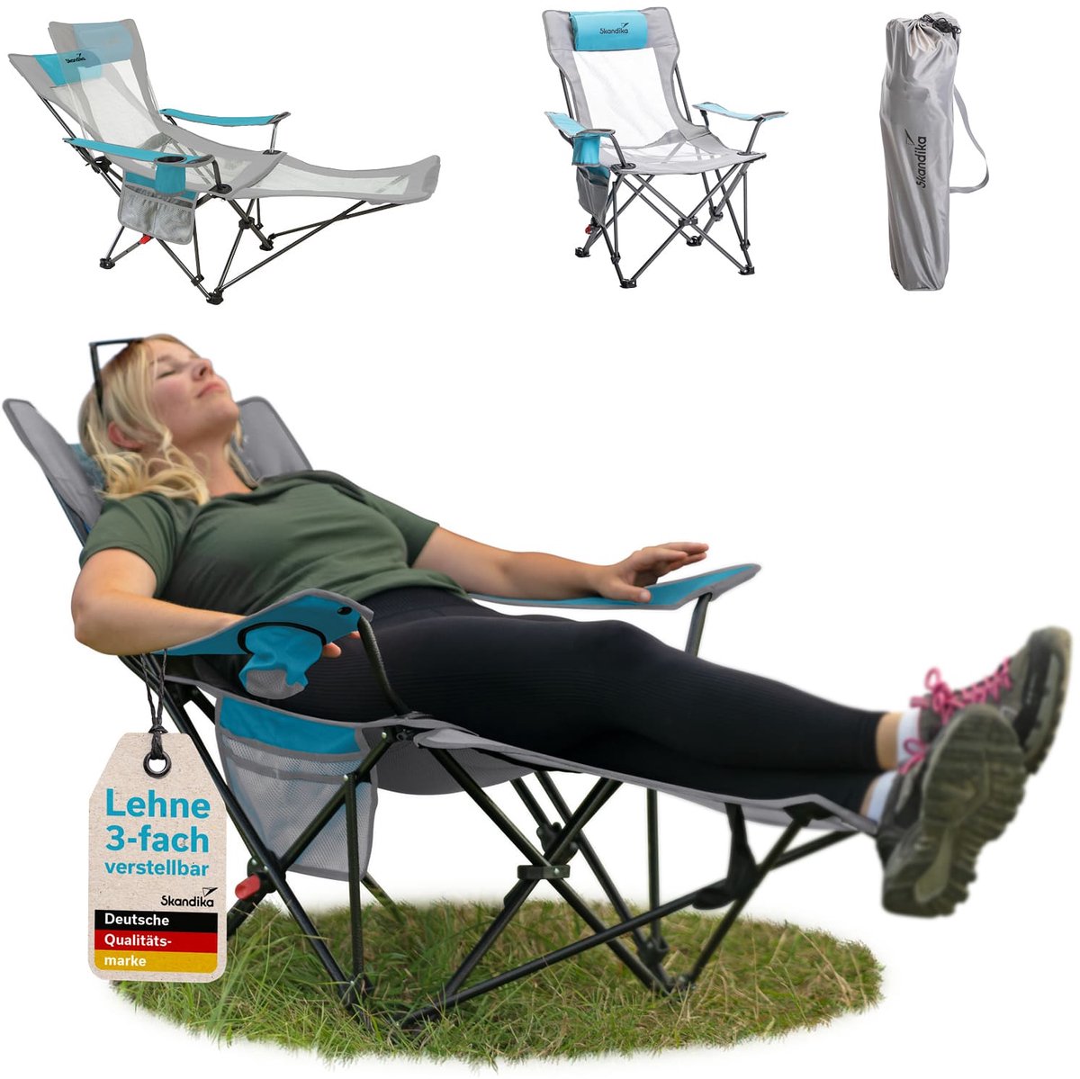Skandika campingstoel met voetensteun Toras - 2-in-1 ligfunctie, opvouwbare ligstoel, verstelbare rugleuning, lichtgewicht, klapstoel met bekerhouder, opvouwbare strandstoel, campingstoel vouwstoel