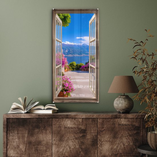 MuchoWow® Glasschilderij 40x80 cm - Schilderij acrylglas - Doorkijk - Berg - Landschap - Uitzicht - Meer - Foto op glas - Muurdecoratie woonkamer - Wanddecoratie slaapkamer - Schilderijen