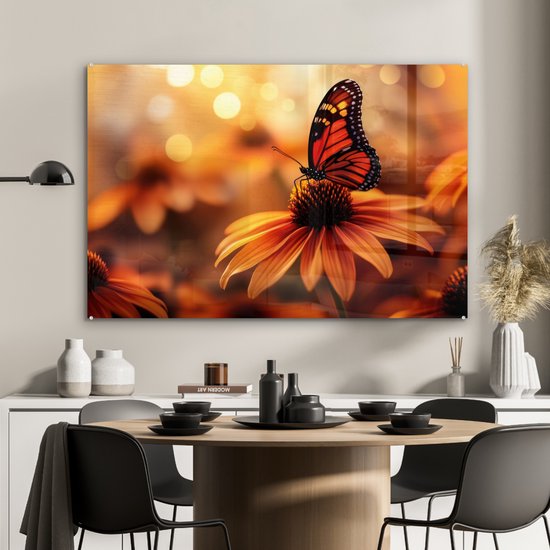 MuchoWow® Tableau sur verre 120x80 cm - Tableau sur verre acrylique - Papillon - Fleurs - Oranje - Photo sur verre - Décoration murale salon - Décoration murale chambre - Peintures